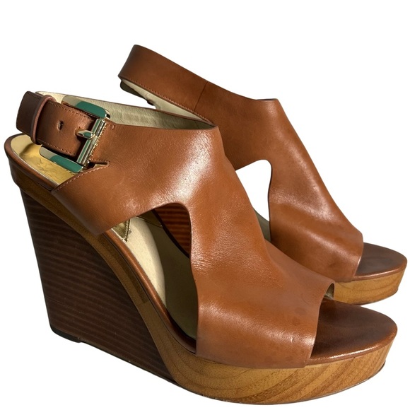 Michael Kors Josephine Tan Leather Wedge Open Toe Sandals Shoes Size 9M - Picture 5 of 12
